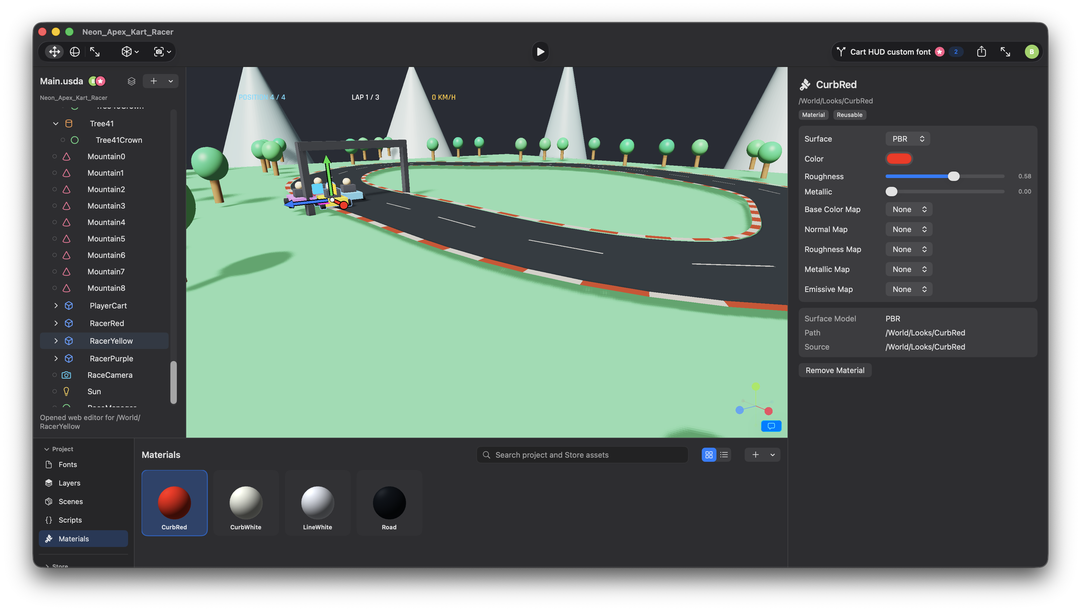 Warp native Mac editor showing the Neon Apex Kart Racer scene, hierarchy, material inspector, and project assets