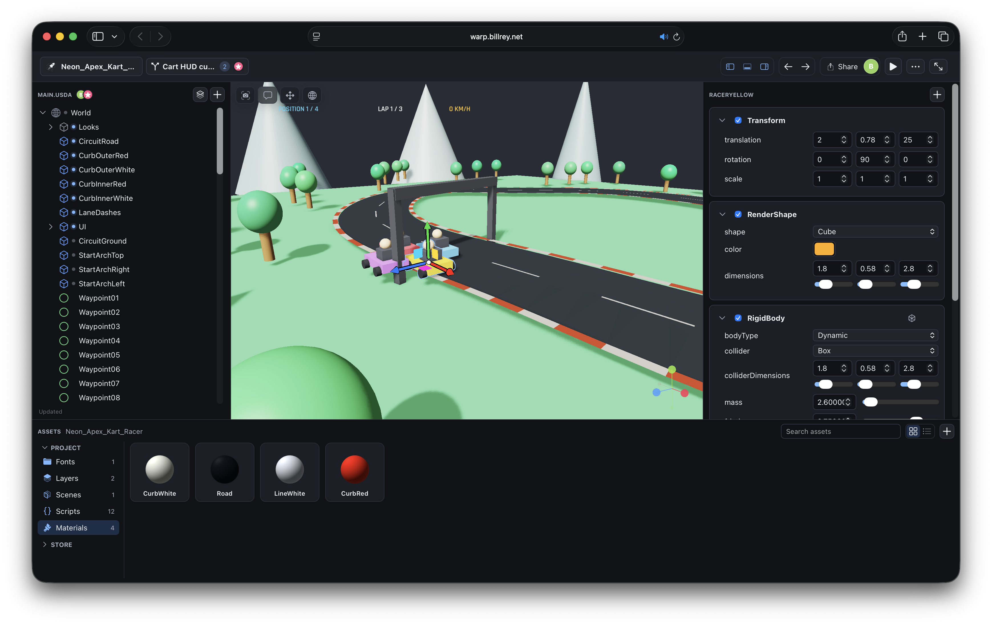 Warp web editor showing the Neon Apex Kart Racer project in Safari
